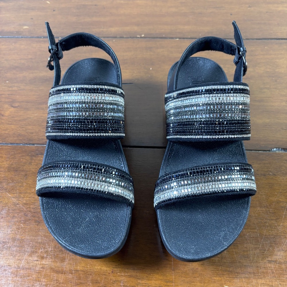 FitFlop Lulu Crystal Back-Strap Sandals Womens 5 Black Silver Rhinestone Z16-090